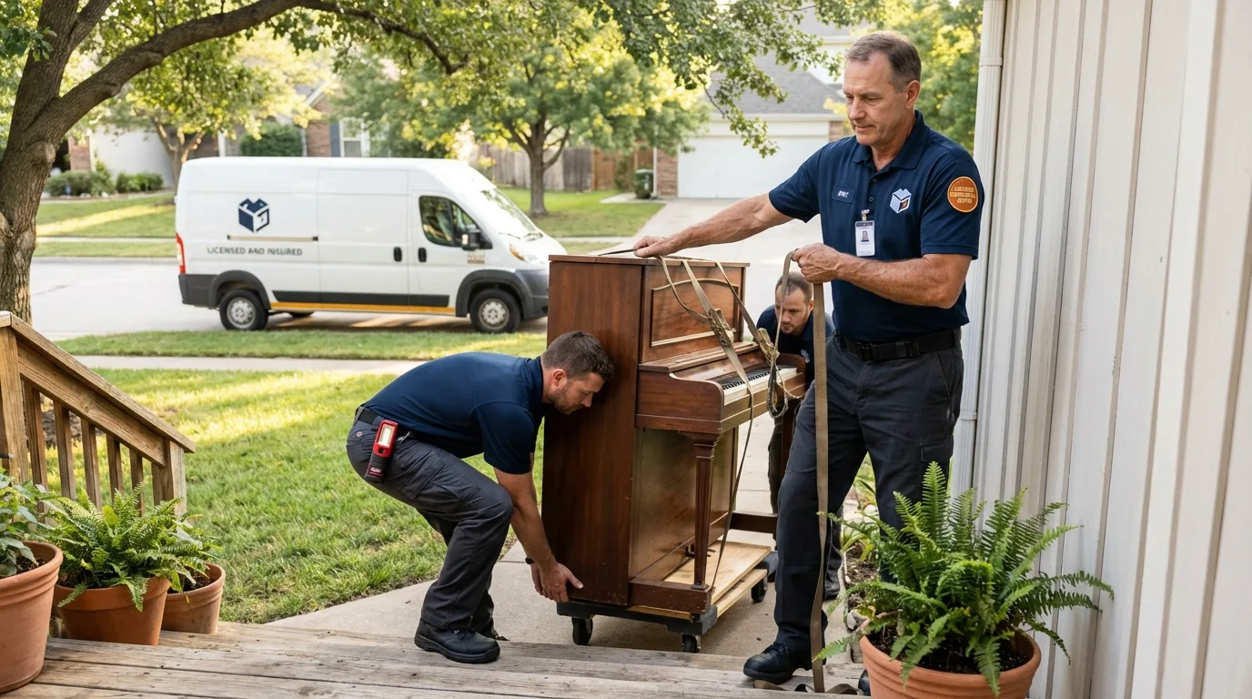 Licensed piano movers securing grand piano in Selma, AL