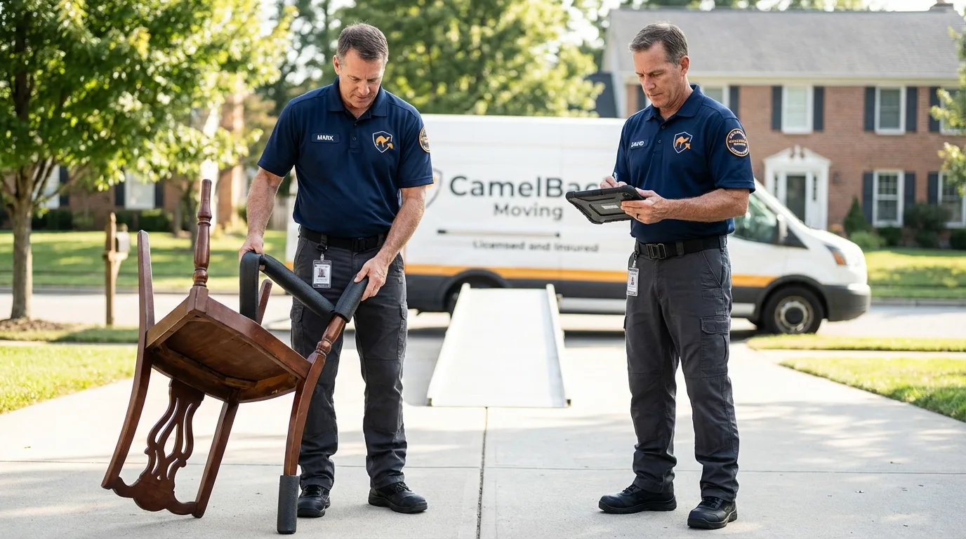 Movers inspecting furniture for damage prevention before loading in Selma, AL