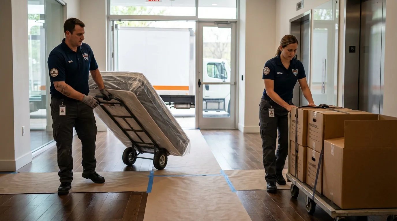 Professional apartment movers loading elevator in Selma, AL